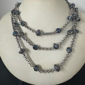 Elegant Blue Bead and Silver Chain Multi-Strand Necklace